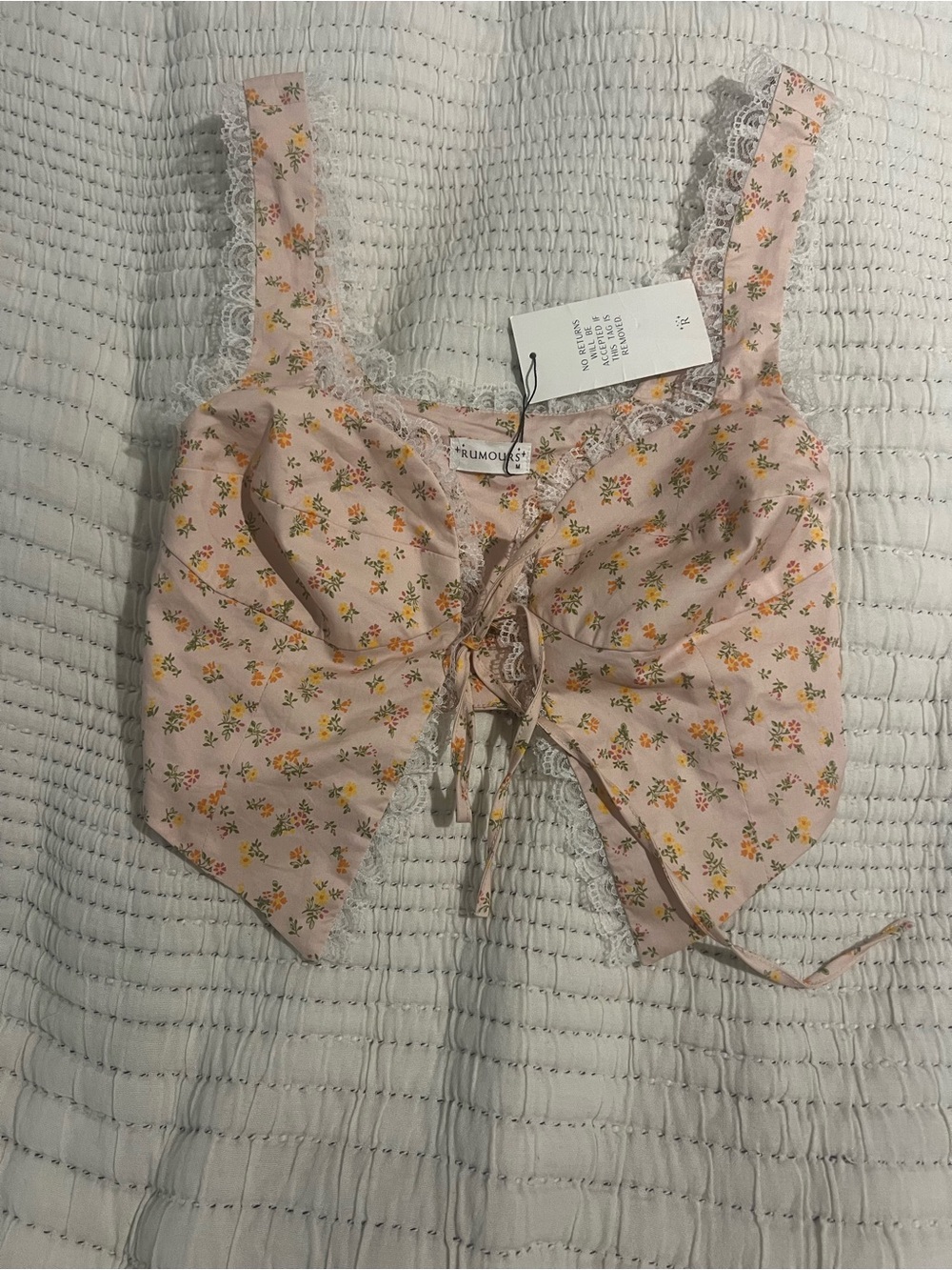 Rumored Pink Floral Lace-Trim Crop Top